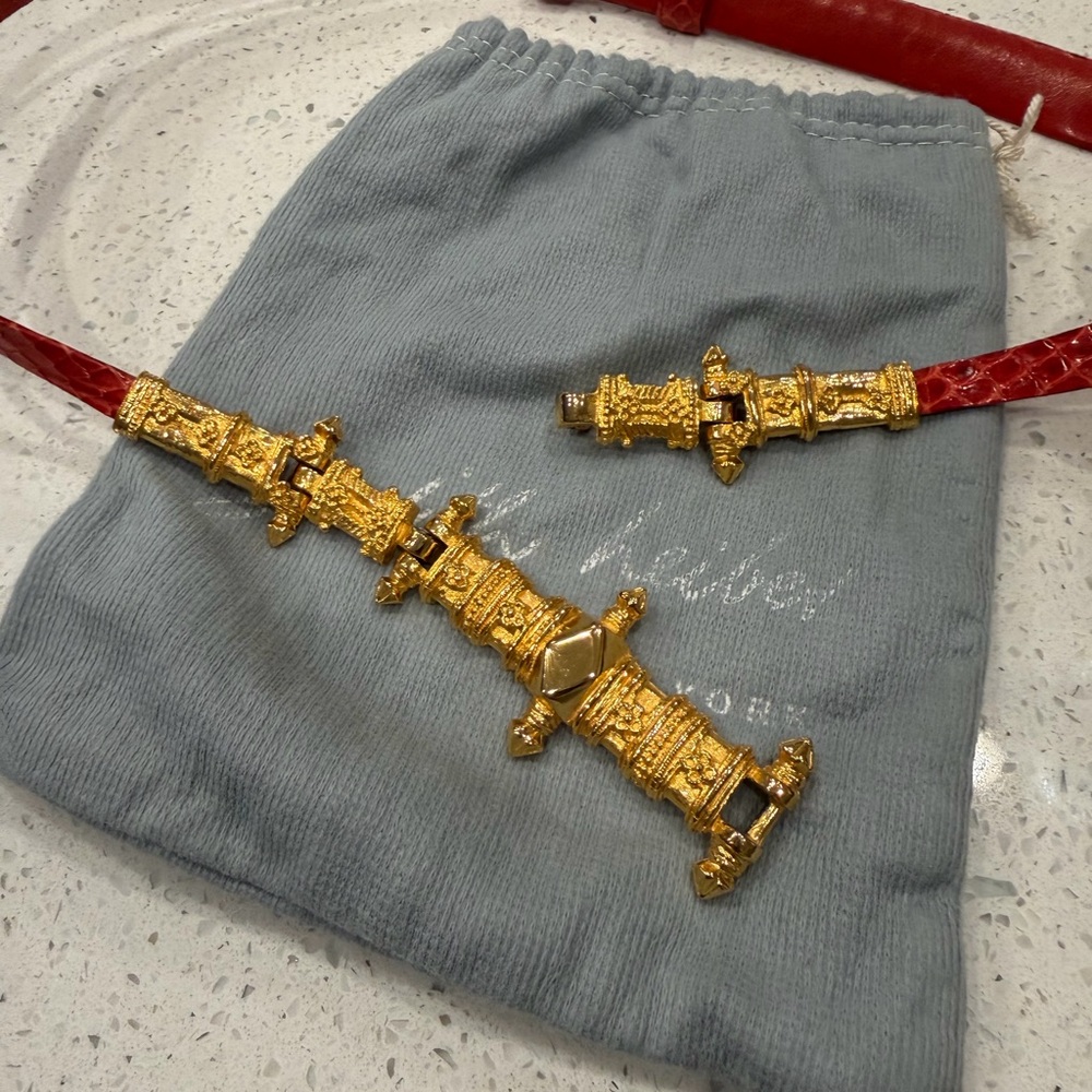 Judith Leiber Gold-Tone Decorative Chain Belt with Red Strap